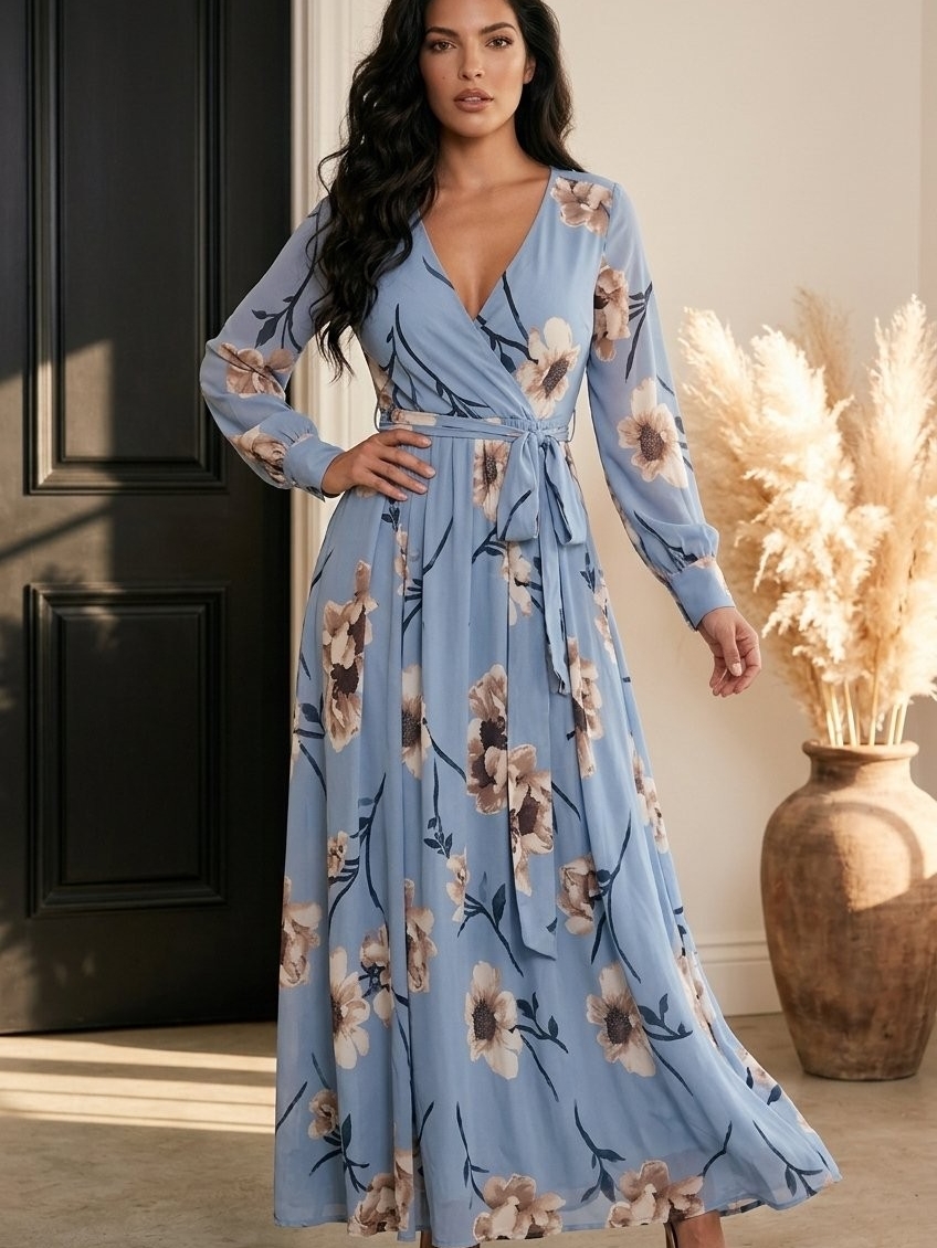Women’s Light Blue Floral Wrap Maxi Dress